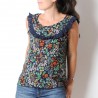 Dark blue floral sleeveless top with ruffles