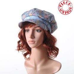 Blue and pink floral newsboy cap hat, vintage cotton