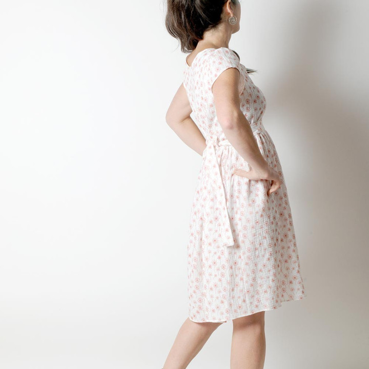 White and red floral dress with short sleeves, lightweight cotton