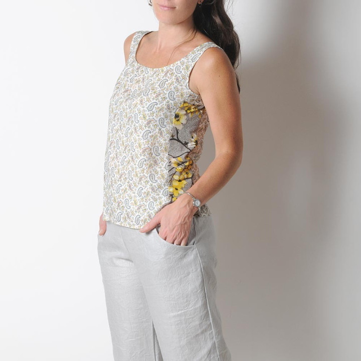 White and yellow paisley print tank top, vintage fabric