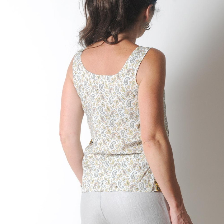 Top fait main en france  débardeur été blanc et jaune, tissu vintage kashmir