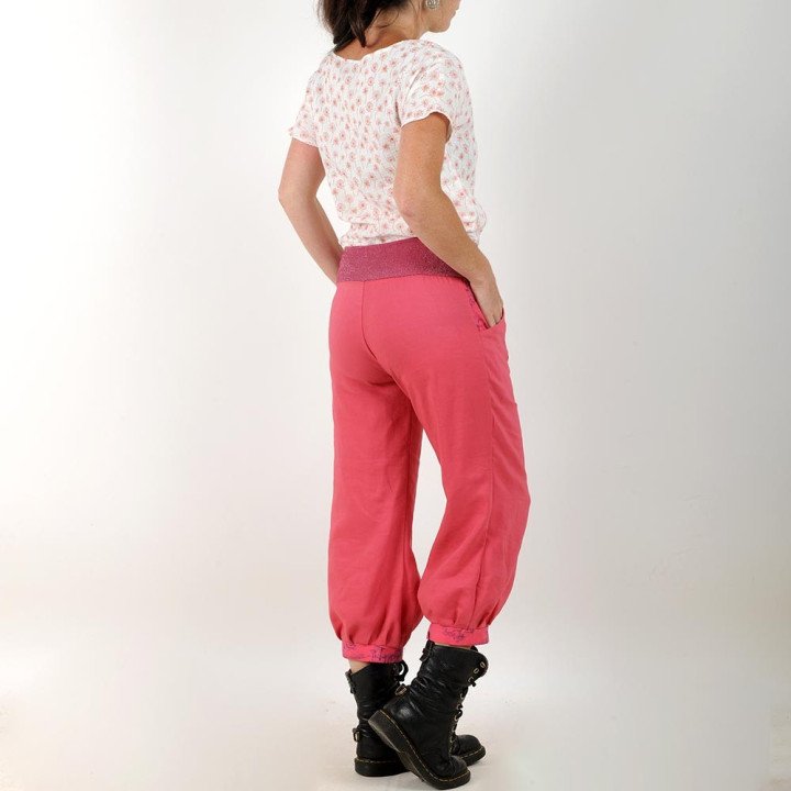 Pantalon femme 4/5 créateur fabrication française rose fuchsia, ceinture jersey