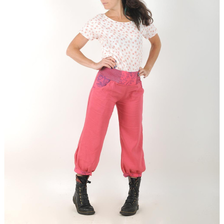 Womens bright pink puffy pants with jersey belt