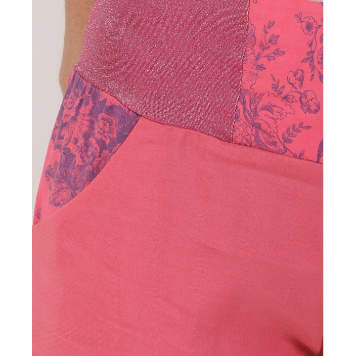 Pantalon femme 4/5 fabrication artisanale rose fuchsia, ceinture jersey