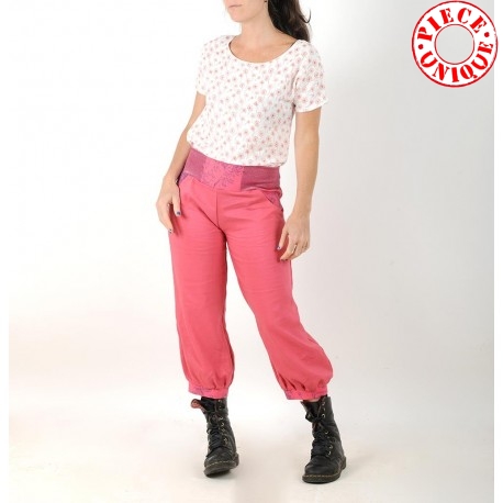 Pantalon femme 4/5 made in France créateur français rose fuchsia, ceinture jersey