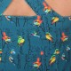 Robe fabrication artisanale colorée en jersey de coton motifs oiseaux, à bretelles croisées dos
