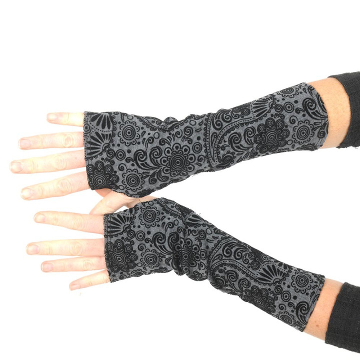 Black and grey long fingerless gloves, swirly print