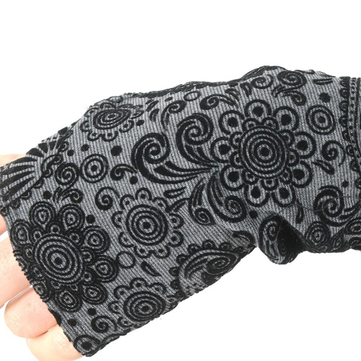 Black and grey long fingerless gloves, swirly print