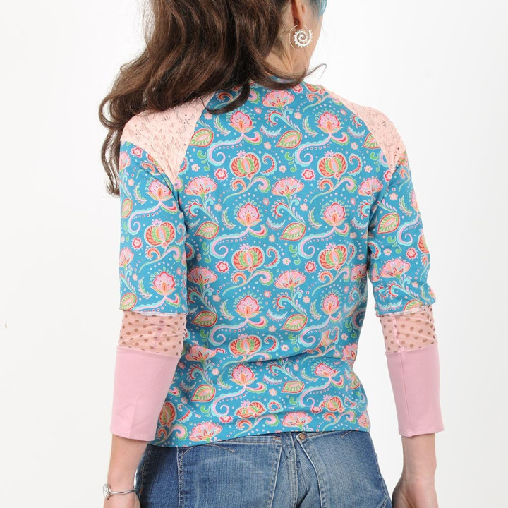 Blue and pink womens top, floral jersey patchwork