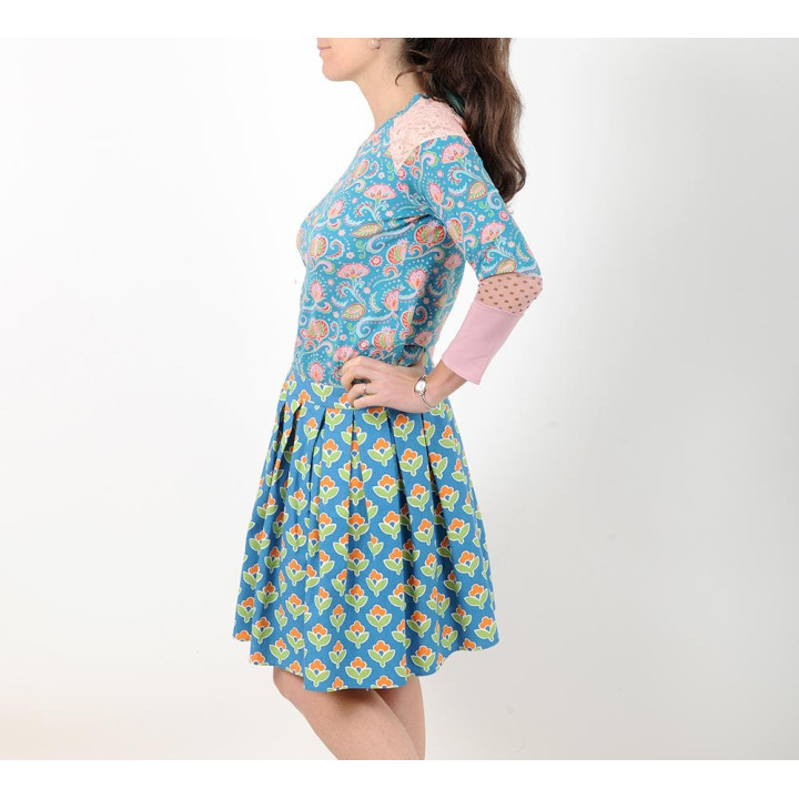 Top made in France créateur français made in france femme bleu et rose, patchwork de jersey