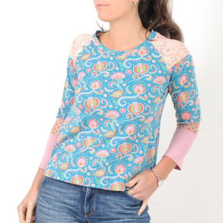 Blue and pink womens top, floral jersey patchwork