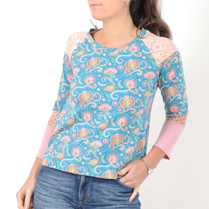 Blue and pink womens top, floral jersey patchwork