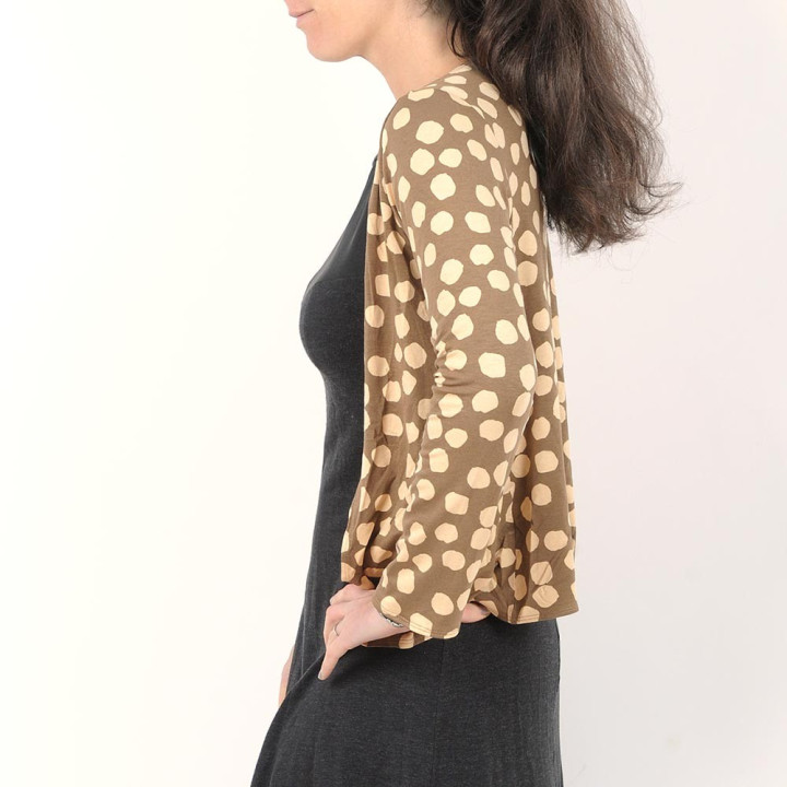 Camel and beige open cardigan, wide dots