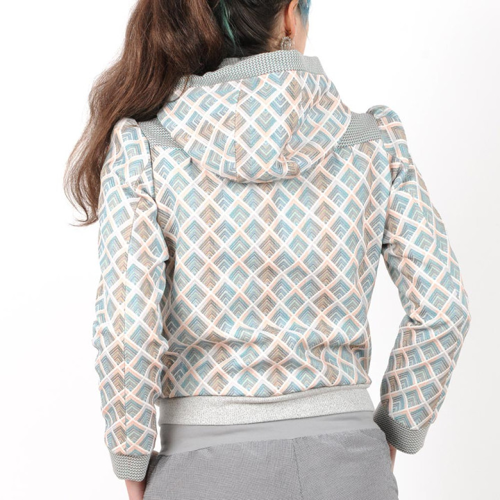 Blouson original made in france femme zippé à capuche, losanges pastel