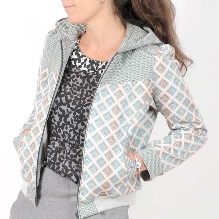 Womens pastel blue patterned zippered hooded jacket