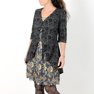 Gilet long queue de pie fabriqué en France créateur femme, gris arabesques noires