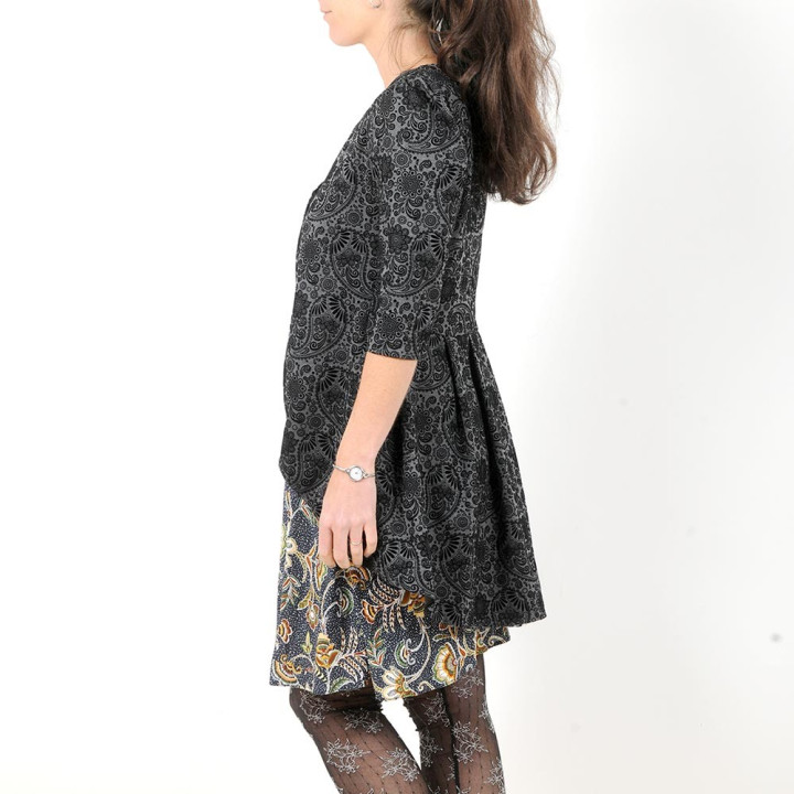 Long grey and black swirly swallowtail jacket