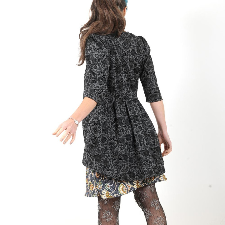 Long grey and black swirly swallowtail jacket