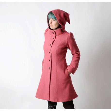 Manteau créateur fabrication française d'hiver à Capuche de Lutin en laine vieux rose