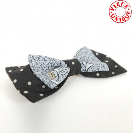 Bow hairclip, Grey and black with polka dots fabric bow hair clip
