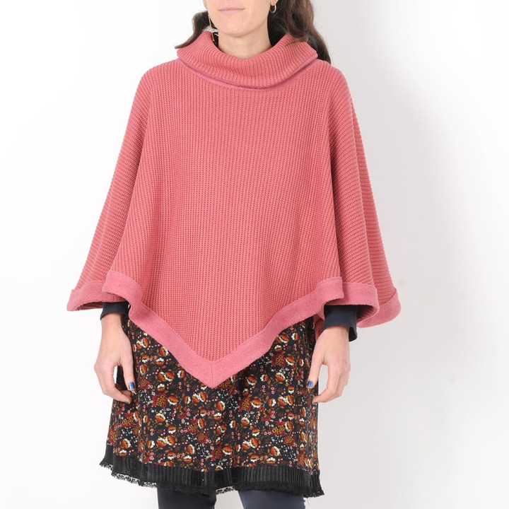Cape sweater, pink thick cotton knit and wool