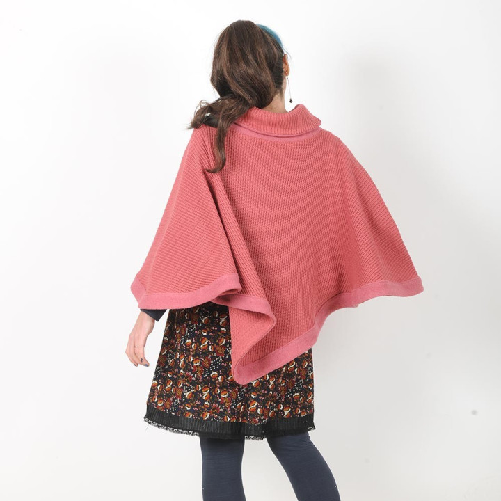 Cape sweater, pink thick cotton knit and wool