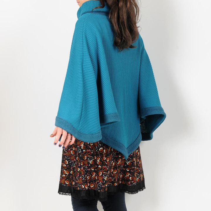 Cape sweater, thick blue cotton knit and wool