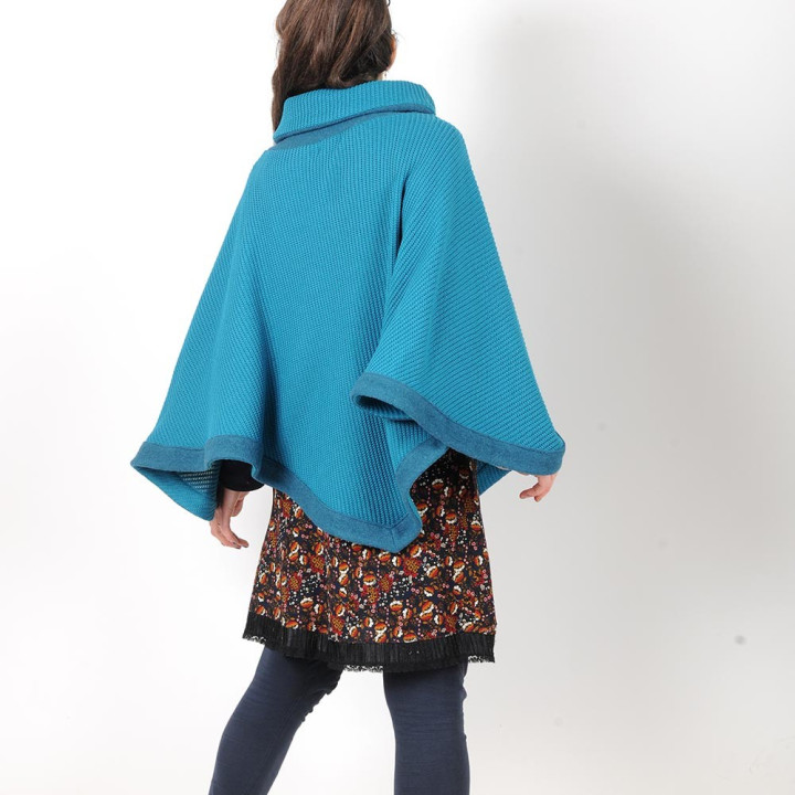 Cape sweater, thick blue cotton knit and wool