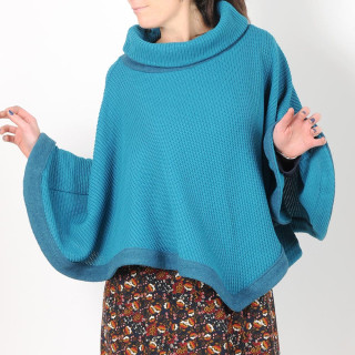 Pull-cape original de créateur bleu grosse maille, coton et laine