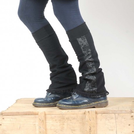 Elegant black legwarmers with grey floral pattern, lace hem