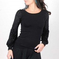 Black fitted top with long swirly velvet mesh puffy sleeves