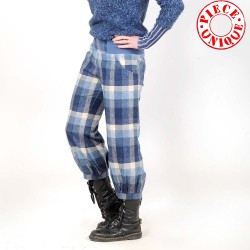 Cropped womens puffy pants, blue checkered wool, stretchy belt