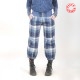 Cropped womens puffy pants, blue checkered wool, stretchy belt