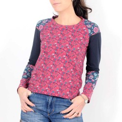 Top original de créateur femme fleuri rose et marine, patchwork de jersey