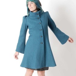 Manteau d'hiver femme couleur bleu jean à Capuche de Lutin en laine