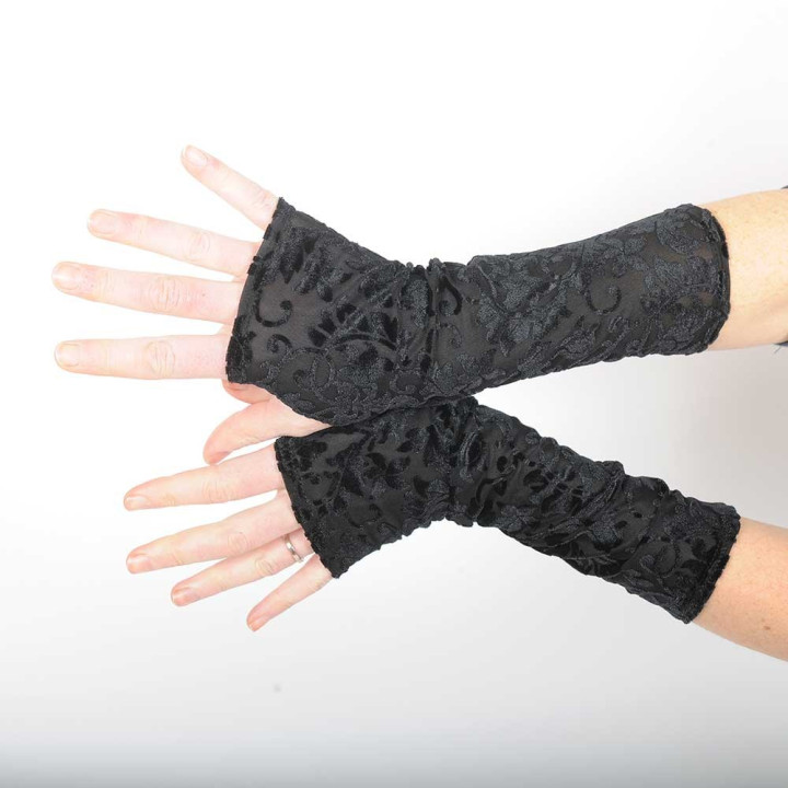 Long black jersey armwarmers - Floral mesh fingerless gloves