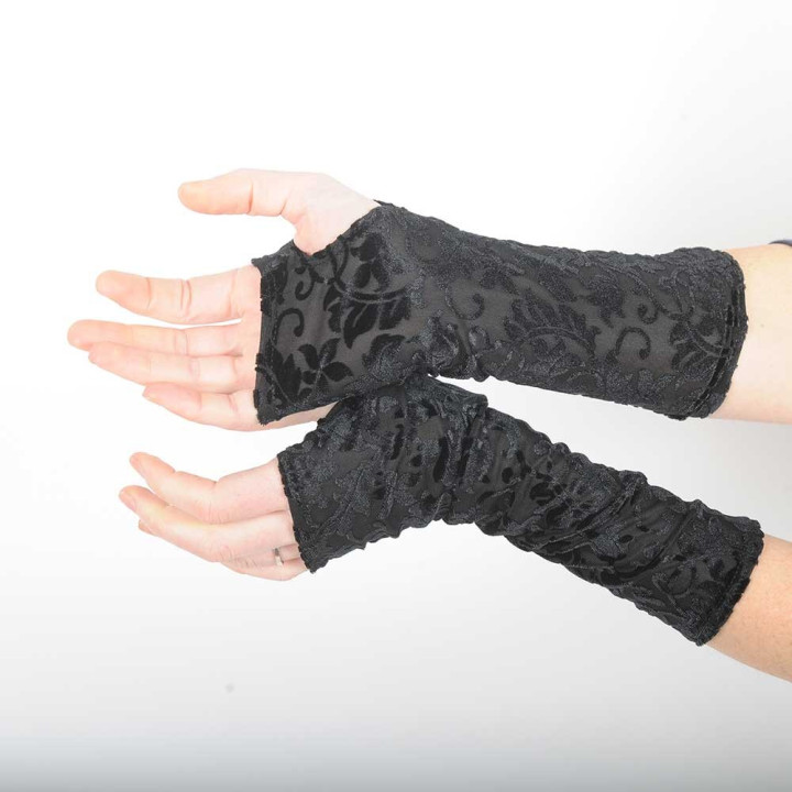 Mitaines noires fabriquée en France créateur femme longues, résille velours fleuri