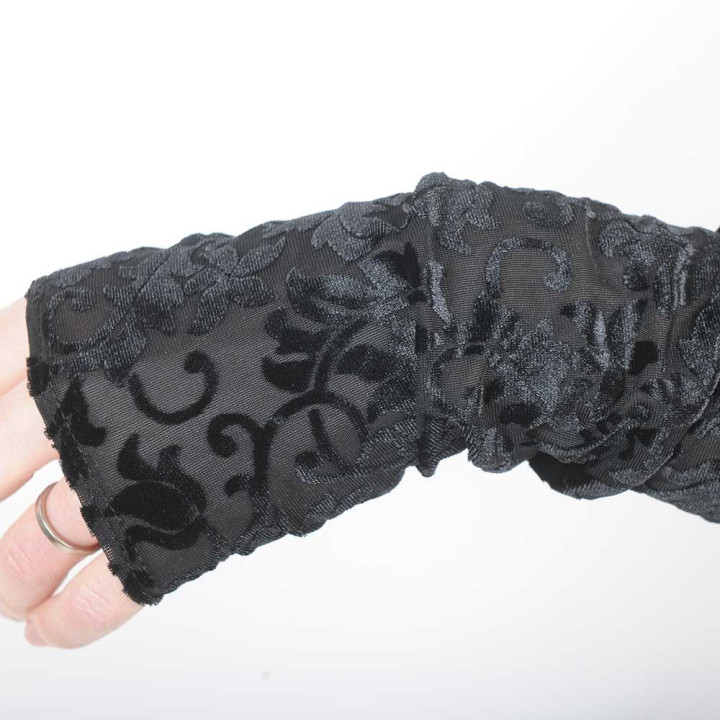 Mitaines noires originale fabriquée en France fabrication artisanale longues, résille velours fleuri