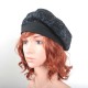 Black and navy floral beret hat, floqued print