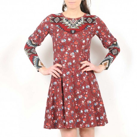 Dark red floral stretchy dress with leg-of-mutton sleeves