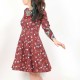 Dark red floral stretchy dress with leg-of-mutton sleeves