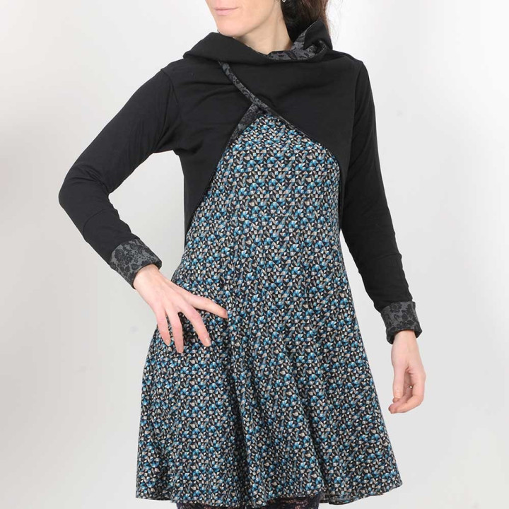 Cache-Coeur original fabriqué en France Caméléon noir et gris fleuri manches longues droites