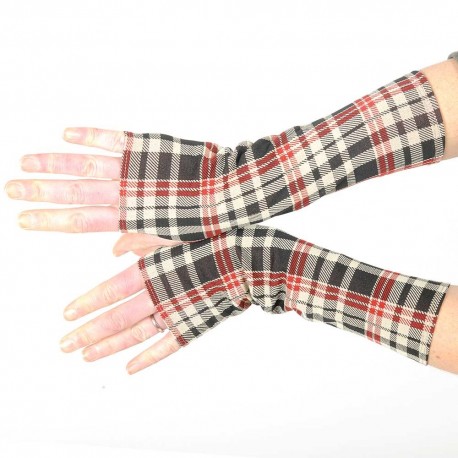 Long armwarmers, beige and black plaid jersey