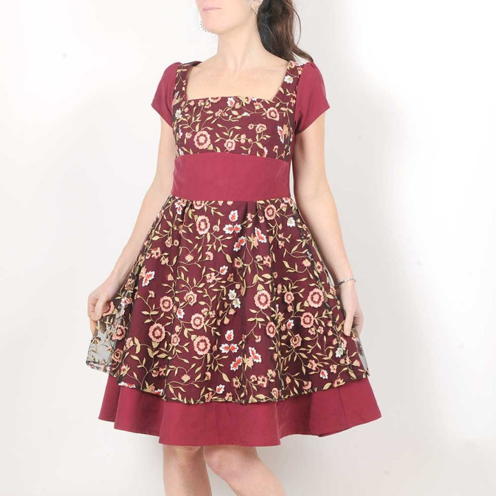 Dark red party dress with floral embroidery, short sleeves