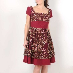 Dark red party dress with floral embroidery, short sleeves