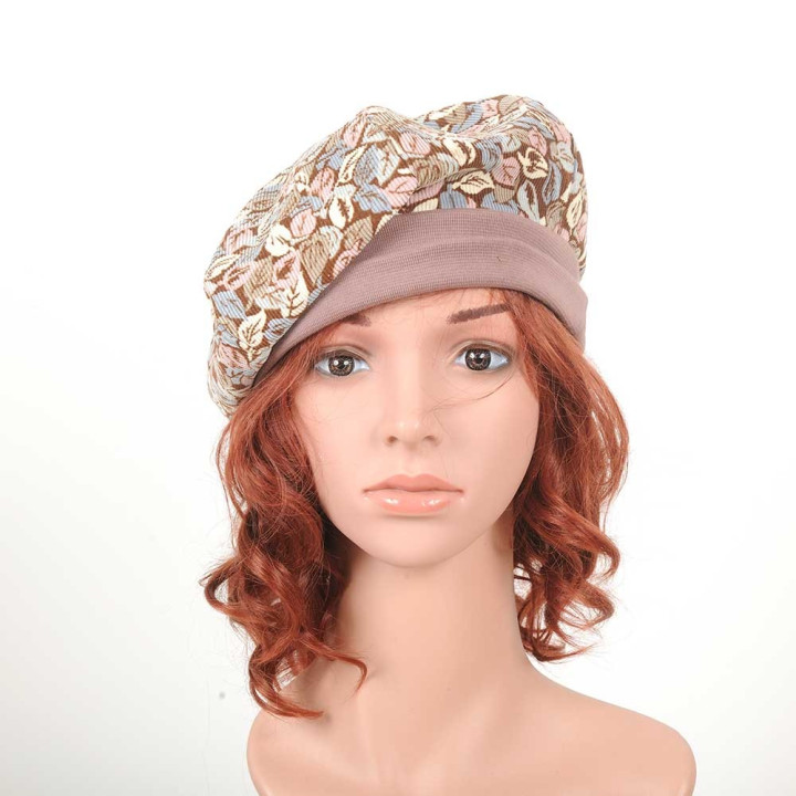 Béret original fabriqué en France velours milleraies fleuri taupe, rose, bleu