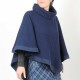 Pull-cape fabriqué en France créateur femme bleu foncé grosse maille, coton et laine