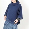 Pull-cape bleu foncé grosse maille, coton et laine