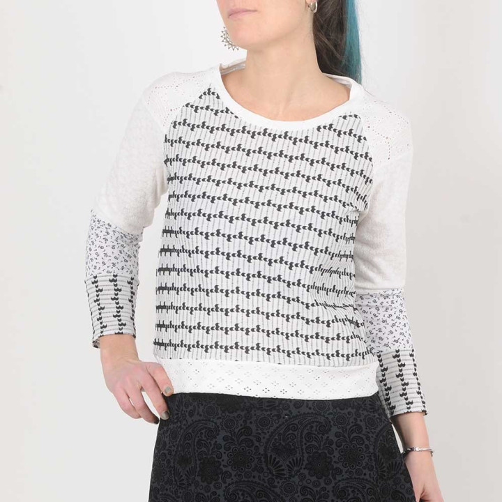 White and black womens top, eyelet jersey