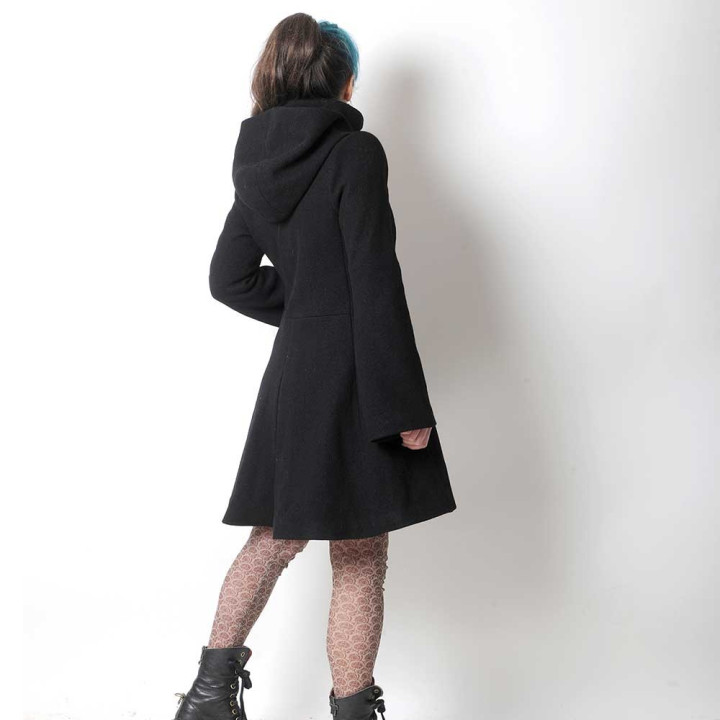 Black winter hooded coat in virgin wool